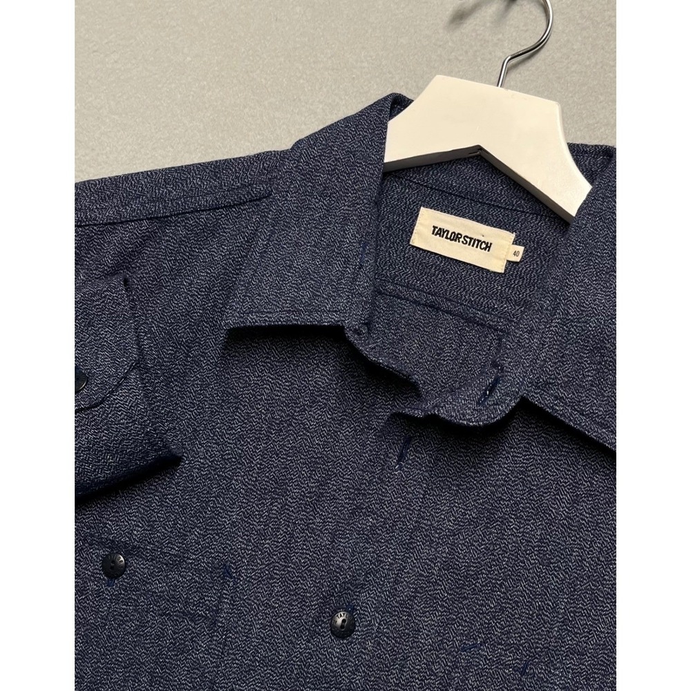 Taylor Stitch Mens Navy Blue Herringbone Button Down‎ Shirt Size 40 Tailored Fit